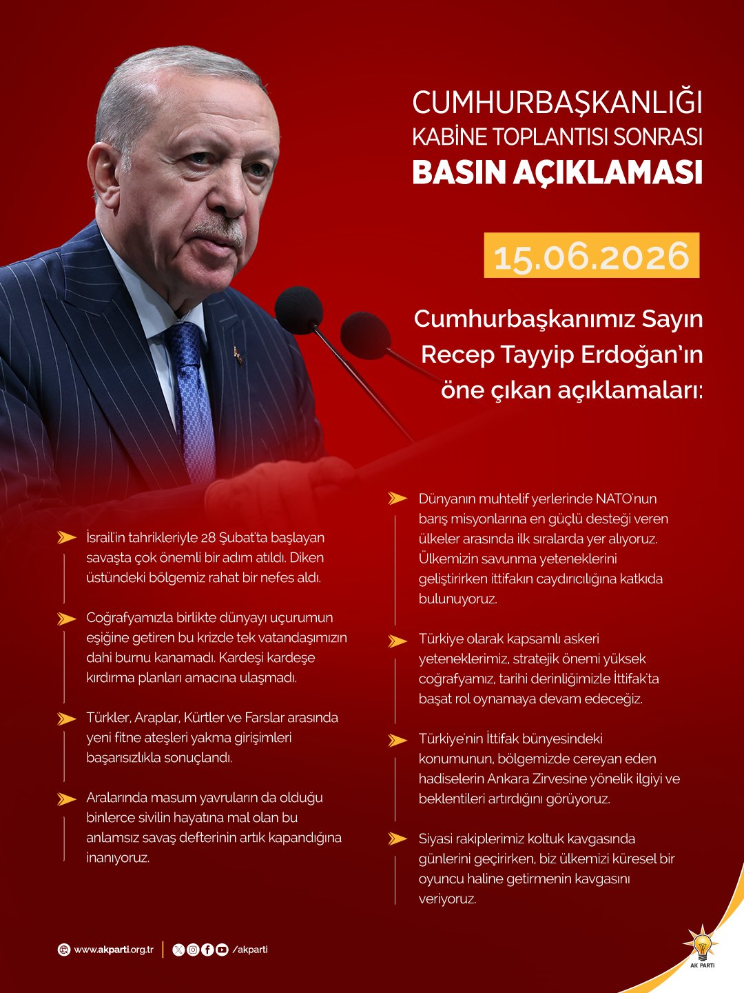 Cumhurbaşkanı  Recep Tayyip Erdoğan’ın, Cumhurbaşkanlığı Kabine Toplantısı sonrası öne çıkan açıklamaları.