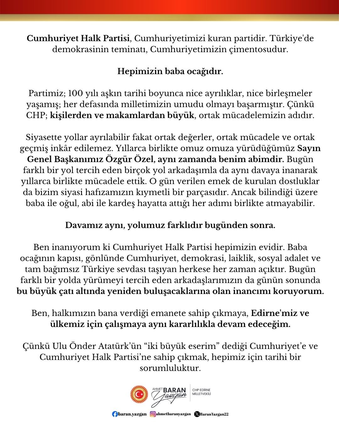 CHP Milletvekili Ahmet Baran Yazgan:  Gün partimize sahip çıkma günüdür.