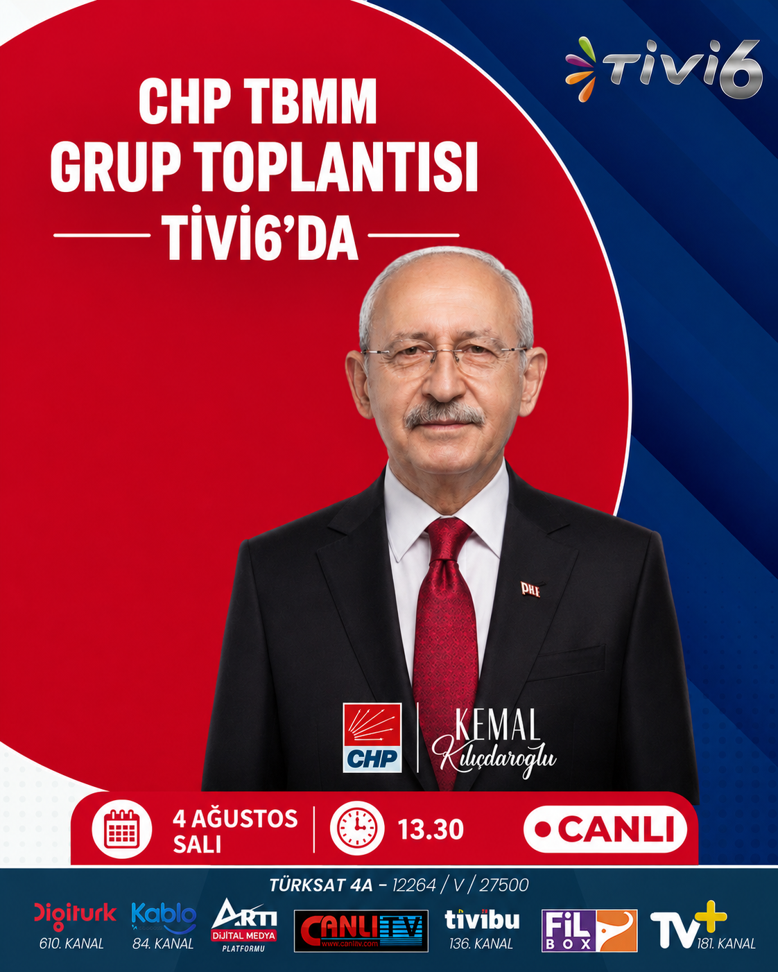 CHP Genel Başkanı Kemal  Kılıçdaroğlu'nun,TBMM Grup Toplantısı’nda yapacağı konuşmayı yarın saat 13.30’dan itibaren TİVİ6'dan Canlı Olarak İzleyebilrisiniz...