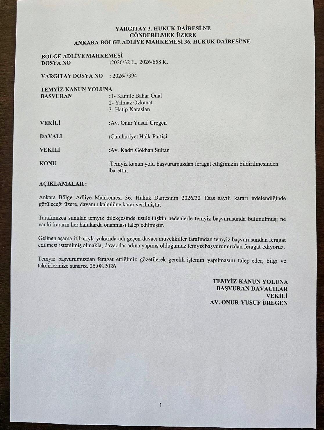 CHP KURULTAY DAVASINDA TEMYİZ BAŞVURUSU GERİ ÇEKİLDİ