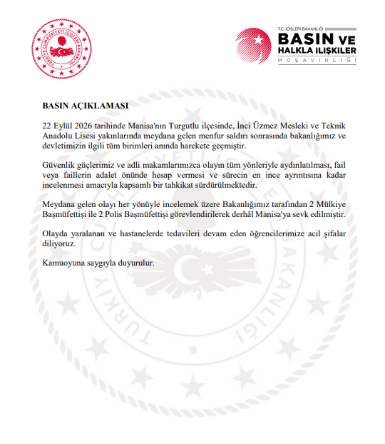İçişleri Bakanlığı, Manisa’nın Turgutlu ilçesindeki silahlı saldırıya ilişkin: