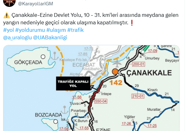 Çanakkale-Ezine Yolu Yangın Nedeniyle Trafiğe Kapatıldı